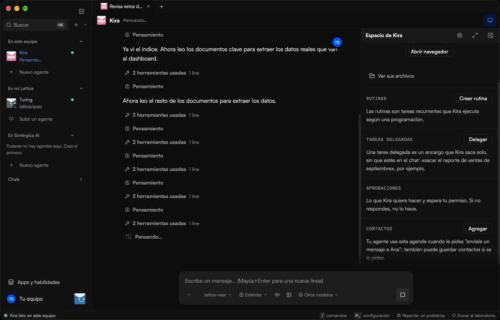 Lattice Kaná en Mac: Kira, un agente, trabaja en un encargo; a la derecha, su espacio con rutinas, tareas delegadas, aprobaciones y contactos