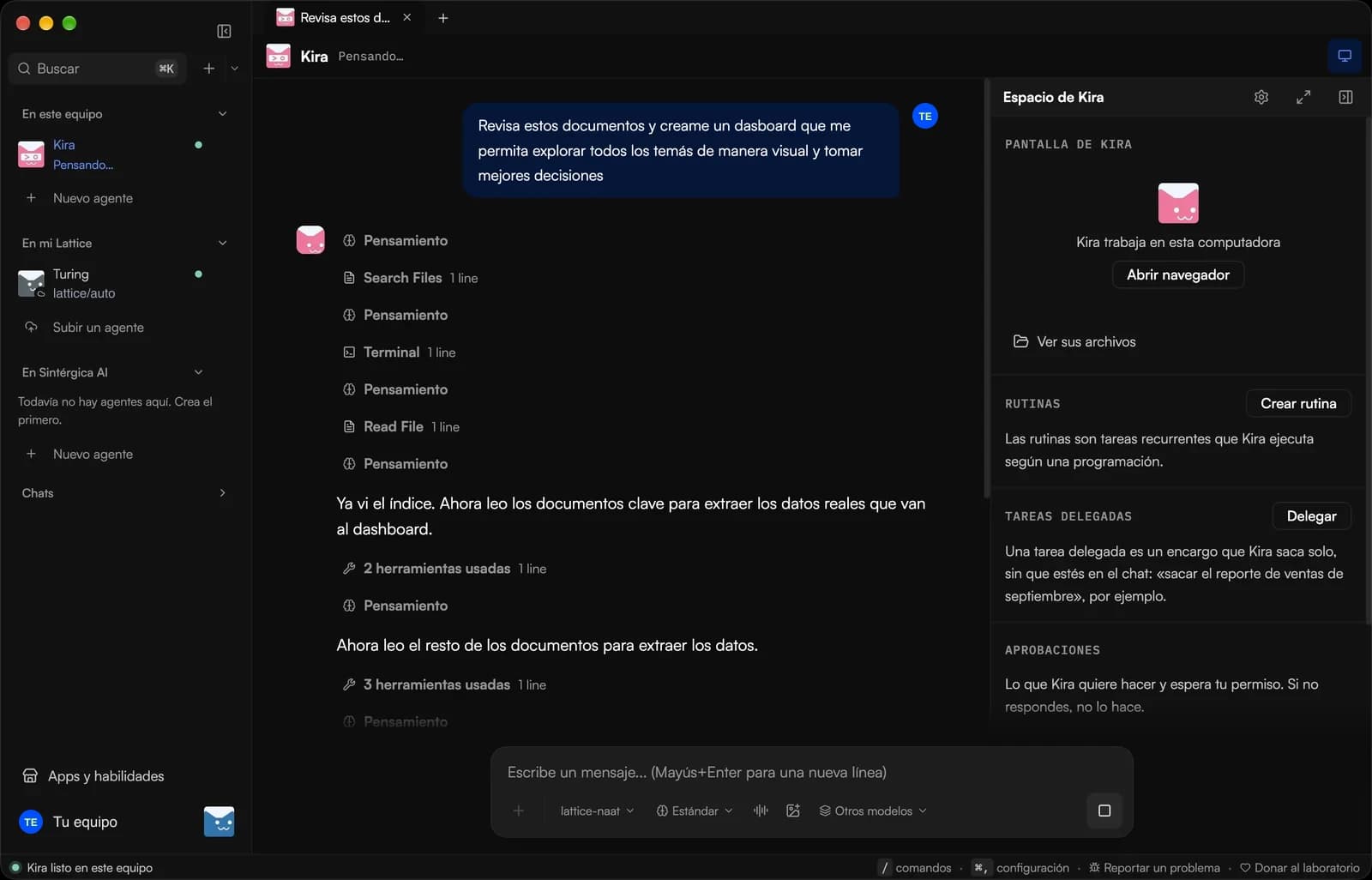 Lattice Kaná on Mac: Kira, an agent, reviews documents to build a dashboard while showing its work; on the right, its space with routines, delegated tasks and approvals