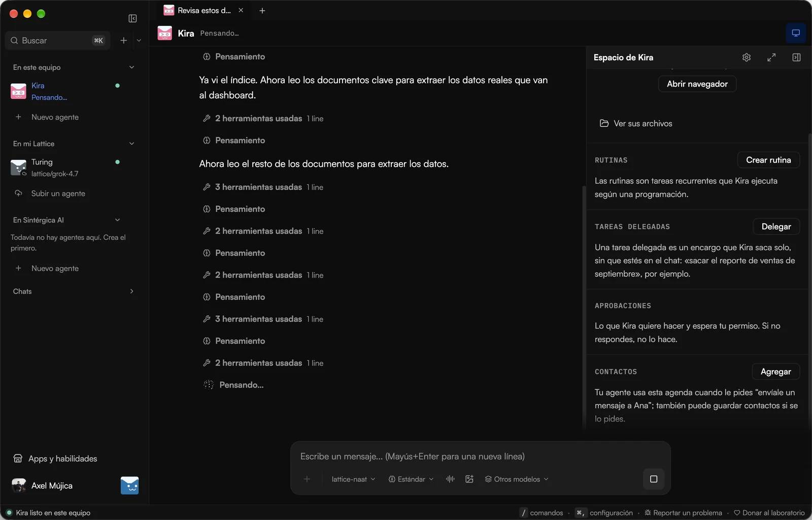 Lattice Kaná en Mac: Kira, un agente, trabaja en un encargo; a la derecha, su espacio con rutinas, tareas delegadas, aprobaciones y contactos
