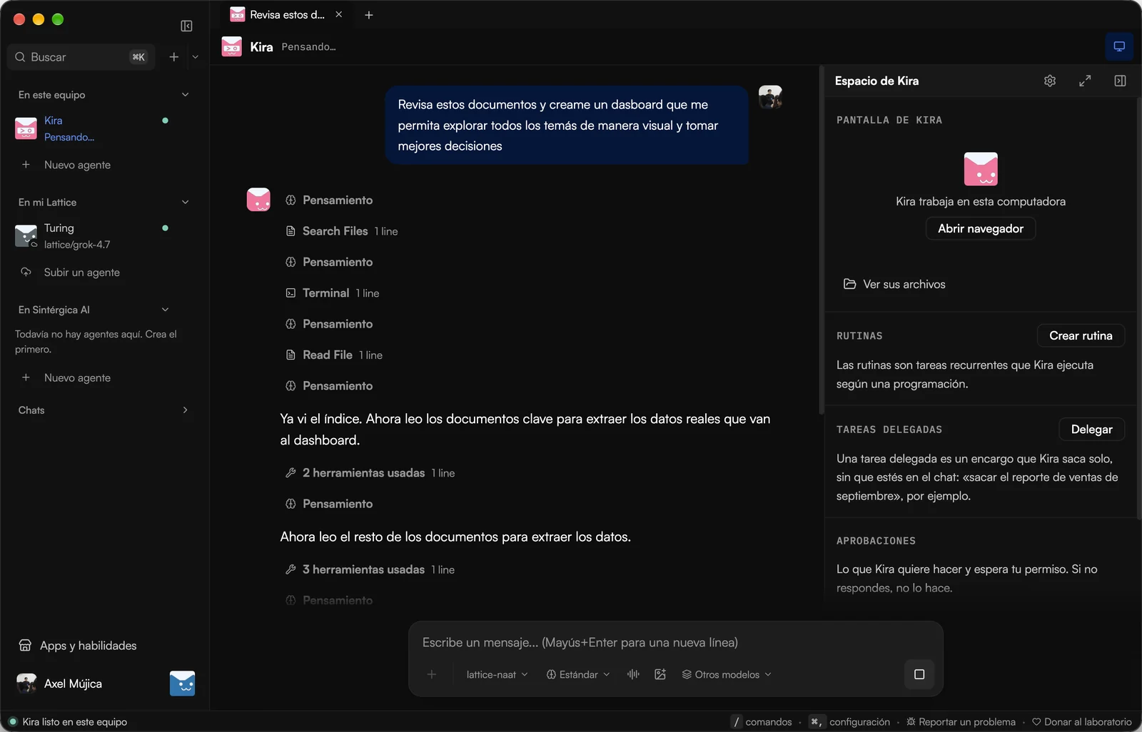 Lattice Kaná on Mac: Kira, an agent, reviews documents to build a dashboard while showing its work; on the right, its space with routines, delegated tasks and approvals