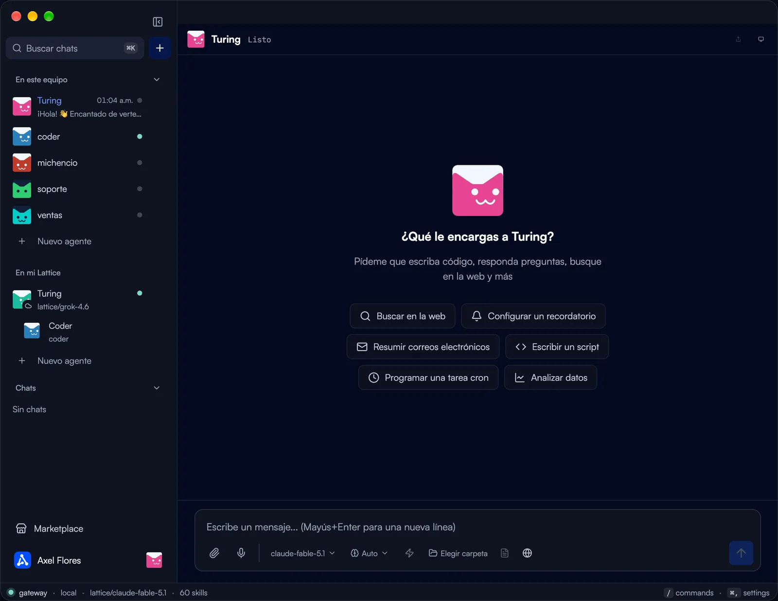 Lattice Kaná en Mac: los agentes por equipo a la izquierda y el chat de un agente listo para recibir un encargo